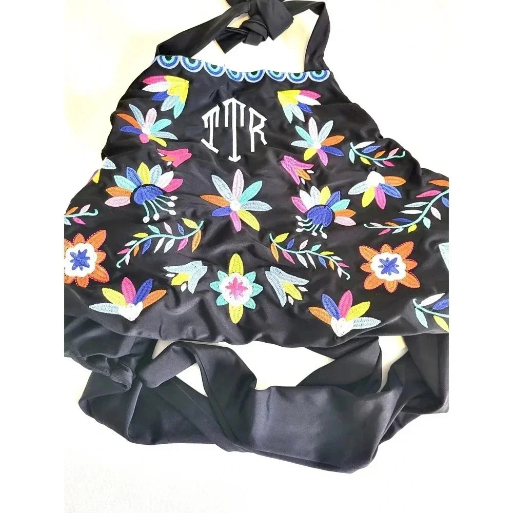 Marleylilly Black‎ Floral Embroidered Halter Swim Top Monogram TTR 2X 3XL